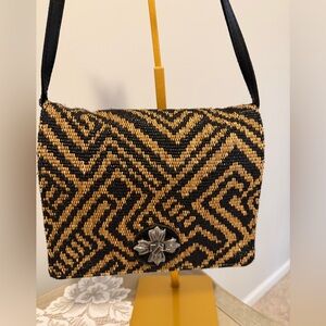 Patricia Nash Black and Tan Handcrafted Straw and Leather Crossbody Bag 9x61/2